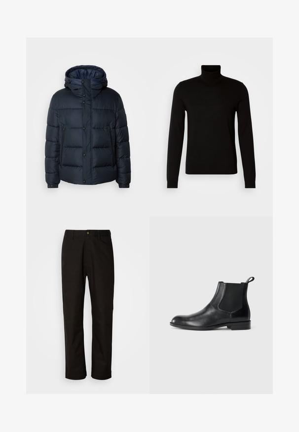 Marineblaue Steppjacke mit Kapuze, gestepptem Design, Frontreißverschluss und Druckknopfverschluss, zwei Seitentaschen und elastischen Bündchen.; Schwarzer Rollkragenpullover aus feiner Strickware, mit langen Ärmeln und taillierter Silhouette. Glatte Textur mit gerippten Bündchen.; Schwarze Baumwollhosen mit geradem Schnitt, Gürtelschlaufen, einem Reißverschluss vorne und einem einzelnen Knopfverschluss. Glatte Textur ohne sichtbare Muster.; Schwarze Leder-Stiefelette mit elastischen Seiteneinsätzen, abgerundeter Zehenpartie und einem Zugschlauf. Glatte Textur, flache Sohle, minimalistisches Design.