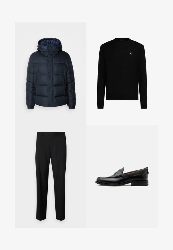 Navy puffer jacket with hood, quilted design, front zip and snap closures, two side pockets, and elasticized cuffs.; Musta pitkähihaiset pyöreäkauluksinen pusero, jossa vasemmalla rinnalla pieni valkoinen "KL"-logo.; Mustat suorat housut, joissa on tasainen etuosa, normaali vyötärö ja suorat lahkeet. Valmistettu sileästä kankaasta, jossa on yksittäinen nappisulku.; Miesten musta nahka loafer mokkakengännissäpäällysteisesti, pennihihnalla, teksturoidulla kauluksella ja matalalla pinotulla korolla valkoisella taustalla.