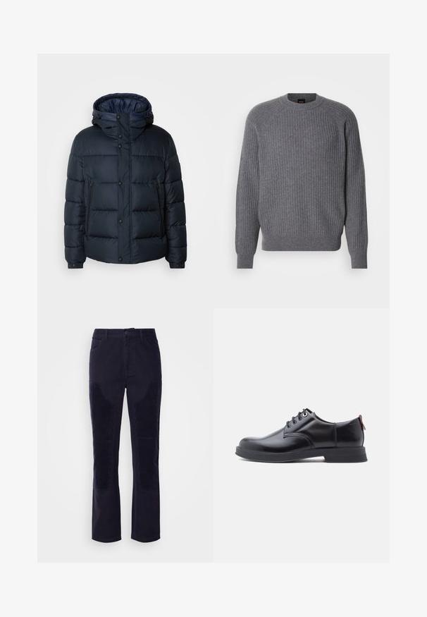 Navy puffer jacket with hood, quilted design, front zip and snap closures, two side pockets, and elasticized cuffs.; Harmaa ribattua neulepuseroa pitkällä hihalla, pyöreä kaula-aukko ja ribatut hihansuut, esiteltynä yksinkertaisella valkoisella taustalla.; Tumman laivaston siniset fine corduroy-housut, joissa on sileä kangas, suorat lahkeet ja vaakasuoraan uritettua kangasta etutaskuissa, mikä tuo lisää tekstuuria.; Mustat nahkaiset nauhalliset kengät, joissa on sileä pinta, pyöreä kärki ja hienovarainen ompeludetaili. Takana on punainen vetolenkki.