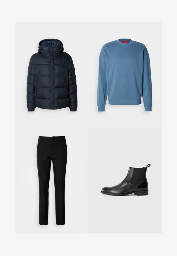 Marine blauwe pufferjack met een capuchon, doorgestikt ontwerp, voorrits en drukknoopsluiting, twee zijzakken en elastische manchetten.; Lichtblauwe sweatshirt gemaakt van zacht materiaal, met een ronde halslijn, lange mouwen en een subtiel logodetail op de borst.; Zwarte broek van gladde stof, met rechte pijpen, een sluiting met knopen aan de voorkant en subtiele zijzakken. Eenvoudige en op maat gemaakte uitstraling.; Zwarte leren enkelboot met elastische zijpanelen, ronde neus en een trekhaak. Gladde textuur, platte zool, minimalistisch ontwerp.