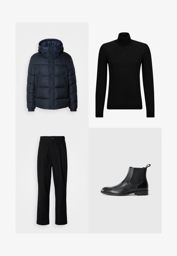 Tumesinine puhvjakiri kapuutsiga, tikkpatterndiga, ees lukuga ja nööbiga kinnitused, kaks küljetaskut ning elastsed varrukaotstarbelised. ; Musthave muströid ja pehmest materjalist must turtleneck, millel on pikad varrukad ja tihe istuvus. Ribaga ääris allservas ja vöökohal. Lihtne disain.; Mustad sirged püksid nuppudega vöökoht, vöölõngad ja eesmine voldik, esitatud lihtsa valge tausta ees.; Must musta nahkjahi, millel on elastsed külgpaneelid, ümar varvas ja tõmbeaasa. Sile tekstuur, lame tald, minimalistlik disain.