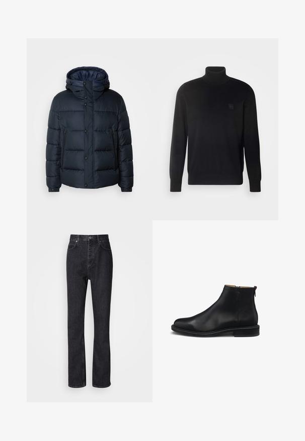 Marineblaue Steppjacke mit Kapuze, gestepptem Design, Frontreißverschluss und Druckknopfverschluss, zwei Seitentaschen und elastischen Bündchen.; Schwarzer Rollkragenpullover mit langen Ärmeln, geripptem Kragen und Bündchen, aus einem glatten Stoff gefertigt. Mit einem kleinen Logo-Patch auf der Brust.; Hochtaillierte schwarze Jeans aus Denim mit Knopf- und Reißverschluss, Vorder- und Hintertaschen sowie einer geraden Passform.; Schwarzer Leder-Stiefelette mit seitlichem Reißverschluss, glattem Obermaterial, niedrigem Blockabsatz und Zuglasche hinten, seitlich auf weißem Hintergrund dargestellt.