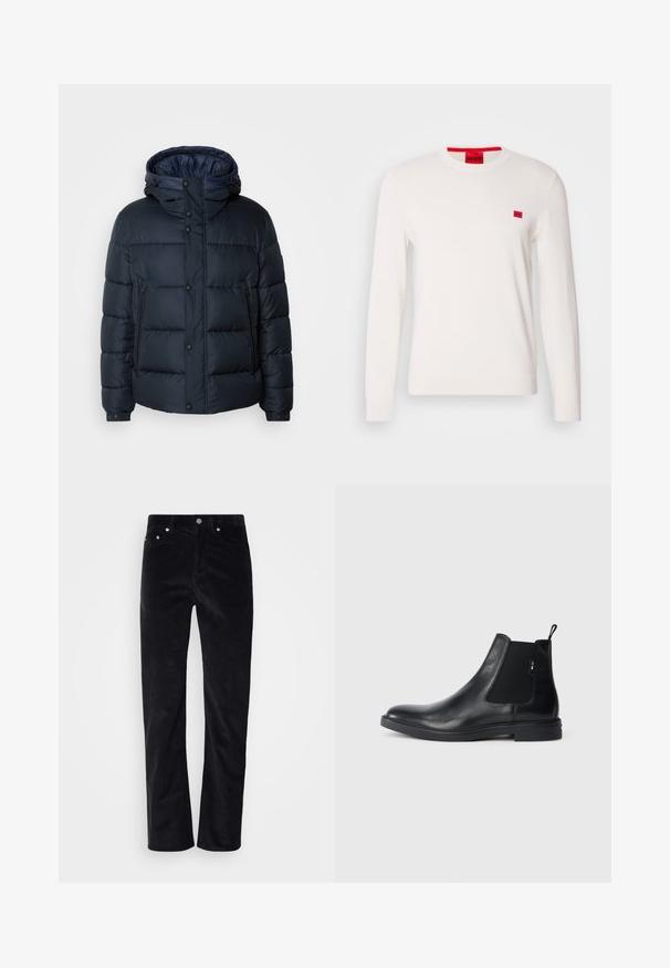 Marine blauwe pufferjack met een capuchon, doorgestikt ontwerp, voorrits en drukknoopsluiting, twee zijzakken en elastische manchetten.; Witte crewneck sweater met lange mouwen, gemaakt van zachte stof. Beschikt over een klein rood logo-label op de borst en een contrasterend rood label aan de halslijn.; Zwarte corduroybroek met een straight leg ontwerp. Voorzien van een knoopsluiting en vijf-pocket styling. Gestructureerde geribbelde stof.; Zwarte leren Chelsea-boots met elastische zijpanelen, een treklipje en een vlakke rubberen zool. Gladde textuur met minimale details.