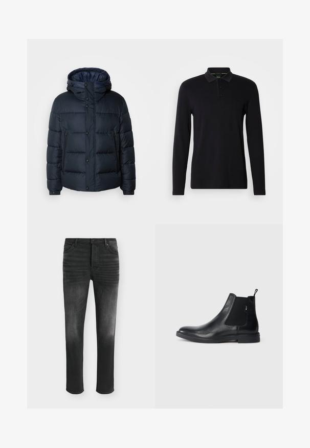 Marineblaue Steppjacke mit Kapuze, gestepptem Design, Frontreißverschluss und Druckknopfverschluss, zwei Seitentaschen und elastischen Bündchen.; Schwarzes Langarm-Polohemd aus glattem Stoff. Verfügt über einen Kragen, eine Dreiknopfleiste und ein dezentes Logo auf der Brust.; Schwarze Skinny-Jeans mit ausgebleichten Details, Fünf-Taschen-Stil und Knopfverschluss in der Taille.; Schwarze Leder Chelsea-Boots mit elastischen seitlichen Einsätzen, einer Zugschlaufe und einer flachen Gummisohle. Glatte Textur mit minimaler Ausgestaltung.