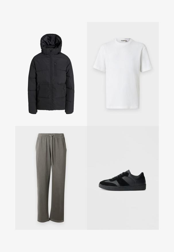 Veste d'hiver matelassée noire avec capuche, fermeture éclair frontale, fermeture éclair sur la poche poitrine et deux poches latérales zippées sur fond uni.; T-shirt blanc à manches courtes en maille gaufrée avec col rond, petite étiquette de marque à l'intérieur du col, présenté sur un fond uni.; Pantalon de survêtement en coton gris avec une taille élastique et un cordon de serrage, doté de poches latérales et d'une coupe décontractée sur les jambes.; Baskets noires combinant cuir lisse et daim, avec une semelle en caoutchouc noire texturée et un détail de rayures discrètes.