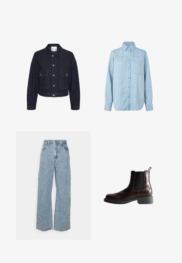Mørkeblå denimjakke med krave, knaplukning og to forlommer. Har kontrastsyninger og en cropped design.; Lyseblå denimskjorte med lange ærmer, knaplukning foran, spidse krave, enkelt brystlomme og subtile lodrette syninger.; Lyseblå vidde denimjeans med høj talje, frontknap, lynlås og femlomme-design på ensfarvet baggrund.; Brune læder ankelstøvle med elastiske sidepaneler, rund tå og en struktureret sort gummisål. Har kontrasterende syninger og en trækflap.