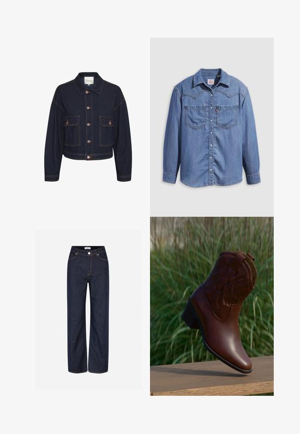 Mørkeblå denimjakke med krave, knaplukning og to forlommer. Har kontrastsyninger og en cropped design.; Lyseblå denimskjorte med spidst krave, to brystlommer og trykknapper. Har et western-inspireret stykke på skuldrene.; Mørkeblå vide jeans lavet af denim, med store lommer, kontrasterende orange stikninger og en knaplukning i taljen.; Brun læder cowboystøvle med dekorative syninger, vinklet opad på en træflade med sløret grønt græs i baggrunden.