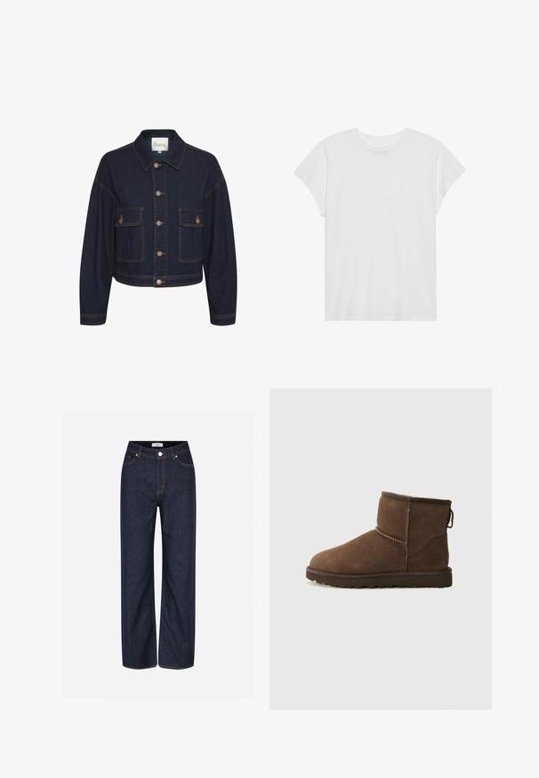 Mørkeblå denimjakke med krave, knaplukning og to forlommer. Har kontrastsyninger og en cropped design.; Hvid kortærmet t-shirt med rund hals, afslappet pasform, lavet af blødt bomuldsstof. Glat tekstur, ingen mønstre eller logoer.; Mørkeblå vide jeans lavet af denim, med store lommer, kontrasterende orange stikninger og en knaplukning i taljen.; UGG CLASSIC MINI II - Vinterstøvler - dusted cocoa