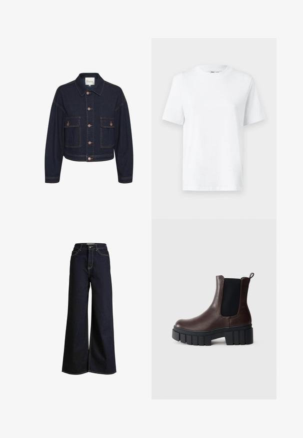 Mørkeblå denimjakke med krave, knaplukning og to forlommer. Har kontrastsyninger og en cropped design.; Hvid bomulds T-shirt med rund hals, kortærmet og en glat tekstur. Designet med en afslappet pasform for komfort og alsidighed.; Breddebenede mørk denim jeans med høj talje, prydet med kontrastfuld gul syning og et rent, struktureret design.; Brune læder ankelstøvler med elastiske sidepaneler, struktureret sort sål og en kraftig hæl. Har en kæde bagpå for nem påtagning.