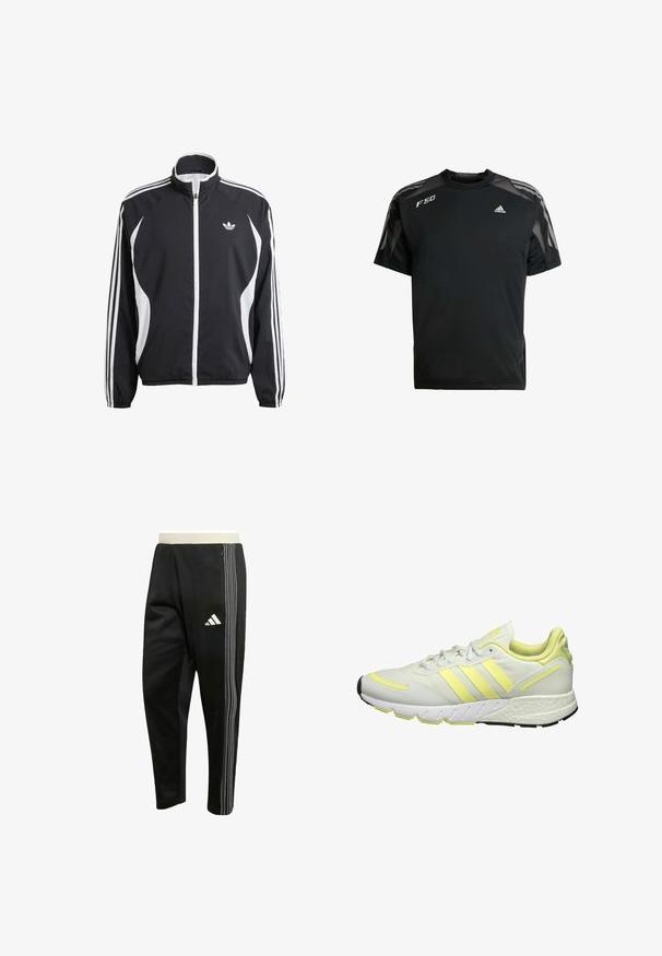 Sort zip-jakke med hvide detaljer, der har tre hvide striber langs hver ærme og et lille hvidt logo på brystet. Letvægtsmateriale.; Sort atletisk T-shirt lavet af letvægtsstof, med mesh skulderpaneler, korte ærmer og hvide adidas og F50 logoer.; Sort atletikbukser med hvide tredobbelte striber ned langs siden, lynlåslomme og et hvidt Adidas-logo på låret.; Hvide atletiske sko med gule accenter, der har en glat overdel, struktureret sål og tre striber på siden til branding.