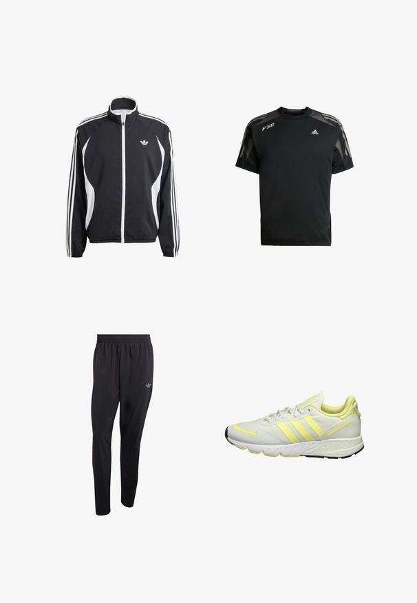 Sort zip-jakke med hvide detaljer, der har tre hvide striber langs hver ærme og et lille hvidt logo på brystet. Letvægtsmateriale.; Sort atletisk T-shirt lavet af letvægtsstof, med mesh skulderpaneler, korte ærmer og hvide adidas og F50 logoer.; Sorte atletikbukser lavet af letvægtsmateriale med elastisk taljebånd og et lille præget logo på det øverste venstre benområde.; Hvide atletiske sko med gule accenter, der har en glat overdel, struktureret sål og tre striber på siden til branding.