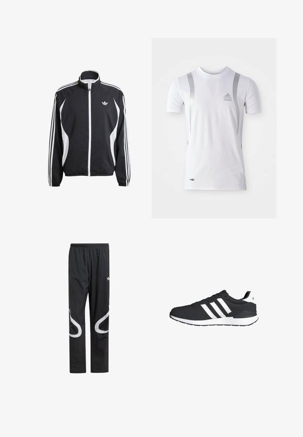 Sort zip-jakke med hvide detaljer, der har tre hvide striber langs hver ærme og et lille hvidt logo på brystet. Letvægtsmateriale.; Hvid kortærmet træningsskjorte med sølvdetaljer, med rund hals og et Adidas-logo på brystet. Lavet af fugttransporterende materiale.; Sorte træningsbukser med elastisk talje, der har store hvide buede detaljer på siderne og et lille logo på den øverste lår.; Sorte sportsko med hvide striber, lavet af mesh og syntetisk materiale, med en gummisål og polstret krave for komfort.