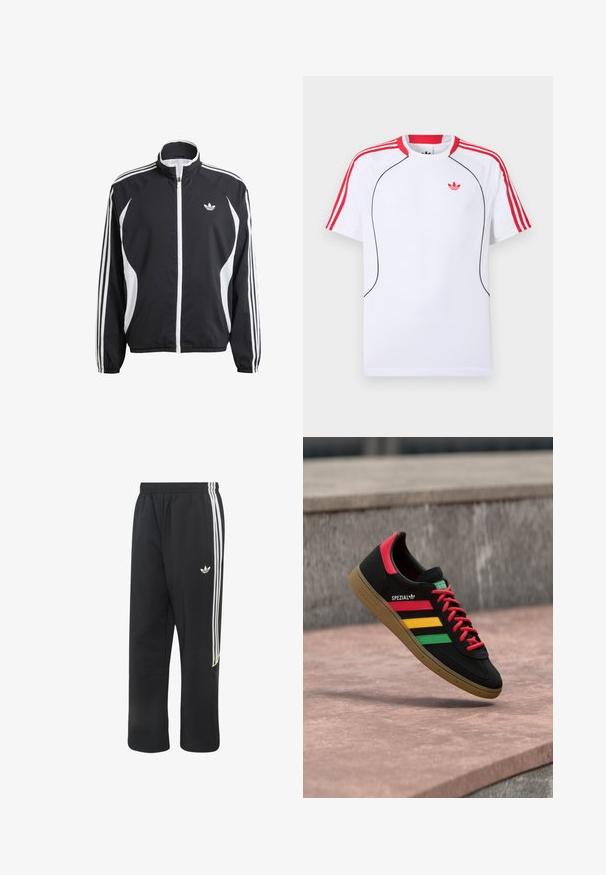 Sort zip-jakke med hvide detaljer, der har tre hvide striber langs hver ærme og et lille hvidt logo på brystet. Letvægtsmateriale.; Hvid kortærmet sportstrøje med røde striber på skuldre og ærmer, sort piping foran og rødt Adidas trefoil-logo på brystet.; Sorte Adidas træningsbukser med hvide tre striber på siderne og et lille hvidt Adidas-logo på det øverste venstre lår.; Sort Adidas Spezial-sneaker med røde, gule og grønne striber, røde snørebånd, gummisål og rødt hældetalje, vist svævende over fortovet.