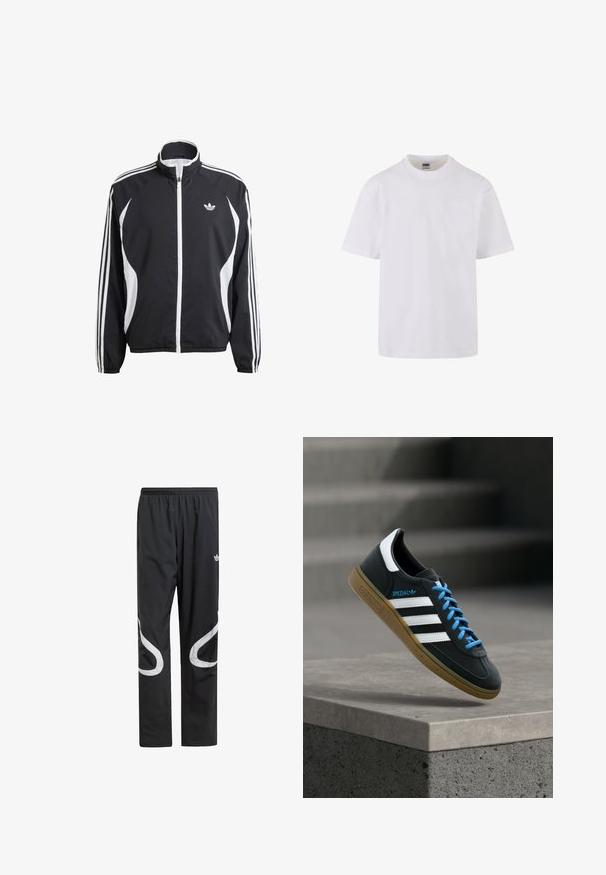 Schwarze Zip-Jacke mit weißen Akzenten, featuring drei weiße Streifen entlang jedes Ärmels und einem kleinen weißen Logo auf der Brust. Leichter Stoff.; Weißes T-Shirt mit kurzen Ärmeln aus Baumwolle, mit Rundhalsausschnitt und einer kleinen Tasche auf der linken Brustseite.; Schwarze Sporthosen mit einem elastischen Bund, die große weiße geschwungene Akzente an den Seiten und ein kleines Logo an der Oberschenkeloberseite aufweisen.; Schwarzer Adidas-Sneaker mit weißen Streifen, blauen Schnürsenkeln und Gummisohle, der über einer grauen Betontreppe im weichen Licht schwebt.