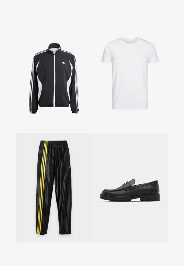 Schwarze Zip-Jacke mit weißen Akzenten, featuring drei weiße Streifen entlang jedes Ärmels und einem kleinen weißen Logo auf der Brust. Leichter Stoff.; Rundhals-T-Shirt mit kurzen Ärmeln in reinem Weiß, aus weicher Baumwolle, mit einem schlichten Design ohne sichtbare Muster oder Akzente.; Schwarze Sporthosen aus glänzendem Material mit elastischem Bund, versehen mit zwei gelben Streifen an den Seiten und einem kleinen Logo.; Schwarze Lederloafer mit runder Zehenform, ausgestattet mit einem gesteppten Design, niedrigem Plattformsohle und einer strukturierten, genoppten Gummisohle.