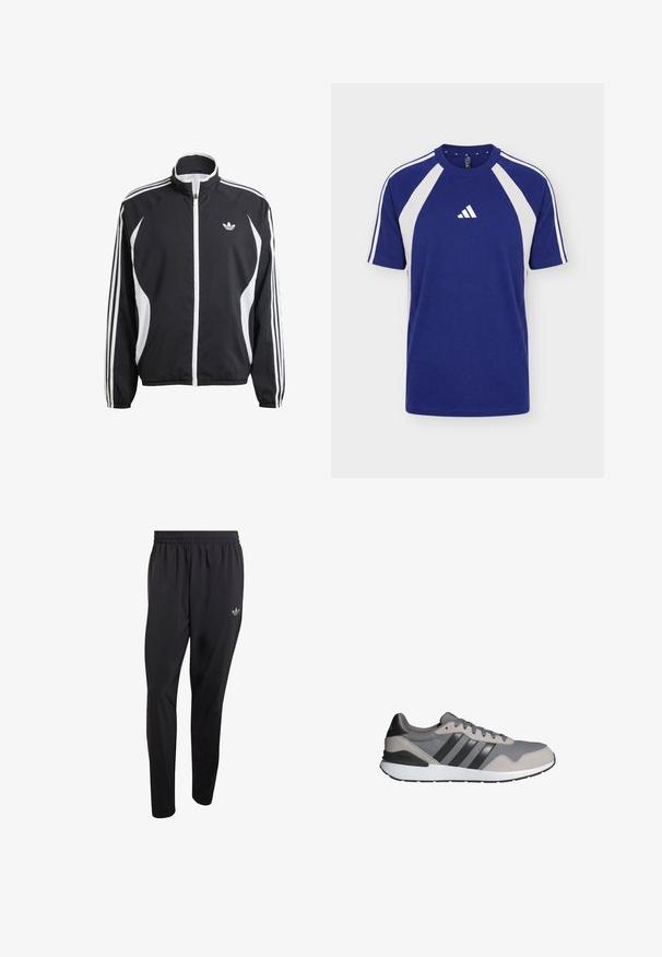 Schwarze Zip-Jacke mit weißen Akzenten, featuring drei weiße Streifen entlang jedes Ärmels und einem kleinen weißen Logo auf der Brust. Leichter Stoff.; Blau-weißes Sport-T-Shirt mit kurzen Ärmeln, Rundhalsausschnitt und Adidas-Logo in der vorderen Mitte.; Schwarze Sporthose aus leichtem Material mit elastischem Bund und einem kleinen eingeprägten Logo im oberen linken Beinbereich.; Grauer und schwarzer Adidas-Sneaker mit Obermaterial aus Mesh und Wildleder, weißer Sohle und drei schwarzen Streifen an der Seite.