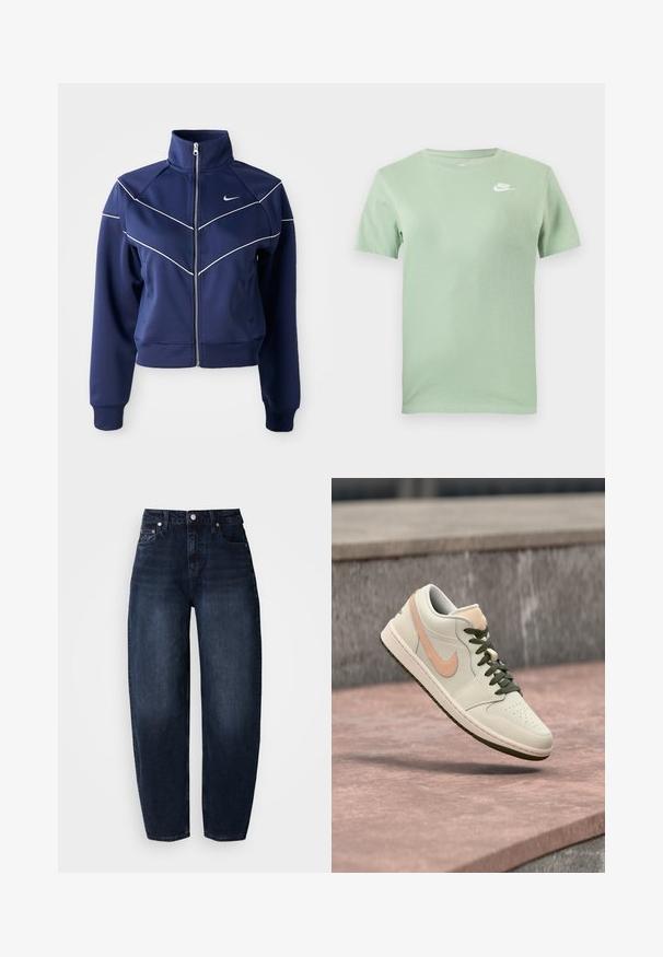 Marine blauwe ritsjack, gemaakt van gladde stof, met een hoge kraag, witte chevron-stiksels en zijzakken. Nike-logo op de borst.; Lichtgroen Nike T-shirt met korte mouwen, ronde hals en wit Nike-logo op de bovenste linkerborst.; Donkerblauwe denim jeans met een ontspannen pasvorm, voorzien van een hoge taille, rechte pijpen en klassiek ontwerp met vijf zakken.; Witte en perzikkleurige sneaker met zwarte veters zwevend boven een roze en grijze betonnen ondergrond.