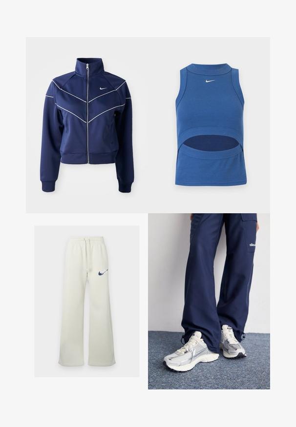 Marine blauwe ritsjack, gemaakt van gladde stof, met een hoge kraag, witte chevron-stiksels en zijzakken. Nike-logo op de borst.; Blauw mouwloos Nike crop top met hoge hals en een uitsnede bij de buik, geribde stof en wit Swoosh-logo middenvoor.; Crème-kleurige sweatpants van een katoenmix, met een relaxte pasvorm, elastische tailleband met trekkoord en een marineblauw Nike-logo aan de voorkant.; Nike hardloopschoenen met een zilveren mesh bovenkant, witte accenten en structuurzolen, gecombineerd met luchtige navy broeken.