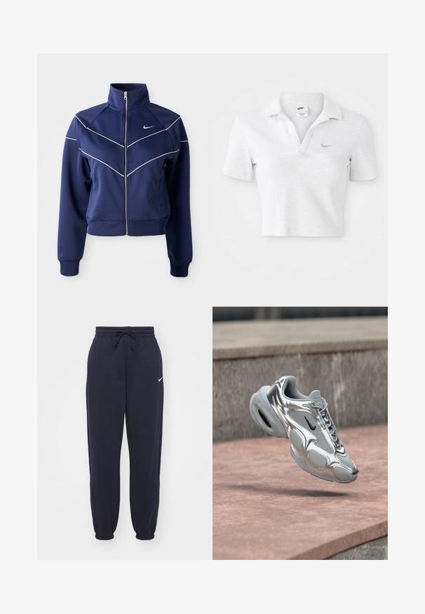 Chaqueta navy con cremallera hecha de una tela suave, presenta un collar alto, costuras en forma de chevrón blancas y bolsillos laterales. Logo de Nike en el pecho.; Camiseta polo recortada en gris claro con una textura suave, que presenta un cuello clásico y un pequeño logo de Nike en gris oscuro en el pecho.; Pantalones de chándal Nike en azul marino, hechos de un material suave. Cuenta con una cintura elástica con cordón y tobillos ajustados. Pequeño acento con el logo blanco.; Zapatilla Nike Air plateada y gris con el logo negro flotando sobre una superficie de cemento rosada y un fondo de repisa de piedra.