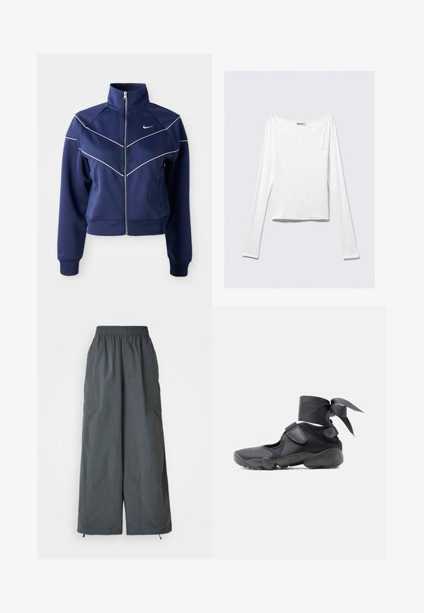 Marine blauwe ritsjack, gemaakt van gladde stof, met een hoge kraag, witte chevron-stiksels en zijzakken. Nike-logo op de borst.; Witte long-sleeve top met een crossover ontwerp en een zak. Gemaakt van een gladde, rekbare stof. Geknipt in een casual, relaxte pasvorm.; Grijze, elastische taille, wijde broekspijpen gemaakt van lichte stof, met twee zijzakken en verstelbare trekkoorden bij de manchetten.; Zwarte sportieve schoen met uitsparingen, klittenbandsluitingen en een enkellint dat in een strik is vastgemaakt, zijaanzicht op een witte achtergrond.