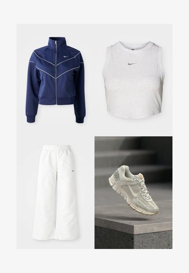 Marineblaue Zip-Jacke aus glattem Stoff mit hohem Kragen, weißen Chevron-Nähten und Seitentaschen. Nike-Logo auf der Brust.; Weißes Crop-Top aus weichem, strukturiertem Stoff. Verfügt über einen runden Ausschnitt und einen ärmellosen Schnitt mit einem kleinen goldenen Nike-Logo auf der Vorderseite.; Weiße Sporthose mit weitem Bein, elastischem Bund und kleinem schwarzen Nike-Logo auf der linken Seite. Glattes, leichtes Material.; Helle beige Laufschuhe mit Obermaterial aus Mesh, weicher Innenausstattung, Gummisohle und tansfarbigen Akzenten. Auffälliges seitliches Swoosh-Logo und strukturierte Paneele.