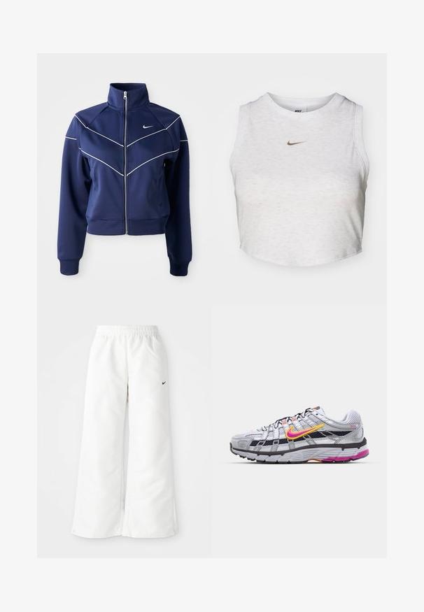 Marineblaue Zip-Jacke aus glattem Stoff mit hohem Kragen, weißen Chevron-Nähten und Seitentaschen. Nike-Logo auf der Brust.; Weißes Crop-Top aus weichem, strukturiertem Stoff. Verfügt über einen runden Ausschnitt und einen ärmellosen Schnitt mit einem kleinen goldenen Nike-Logo auf der Vorderseite.; Weiße Sporthose mit weitem Bein, elastischem Bund und kleinem schwarzen Nike-Logo auf der linken Seite. Glattes, leichtes Material.; Graunetz-Laufschuh mit einem auffälligen pinken und gelben Swoosh, schwarzen Akzenten und einer strukturierten Gummisohle. Verfügt über eine verstärkte Zehenpartie und einen gepolsterten Kragen.