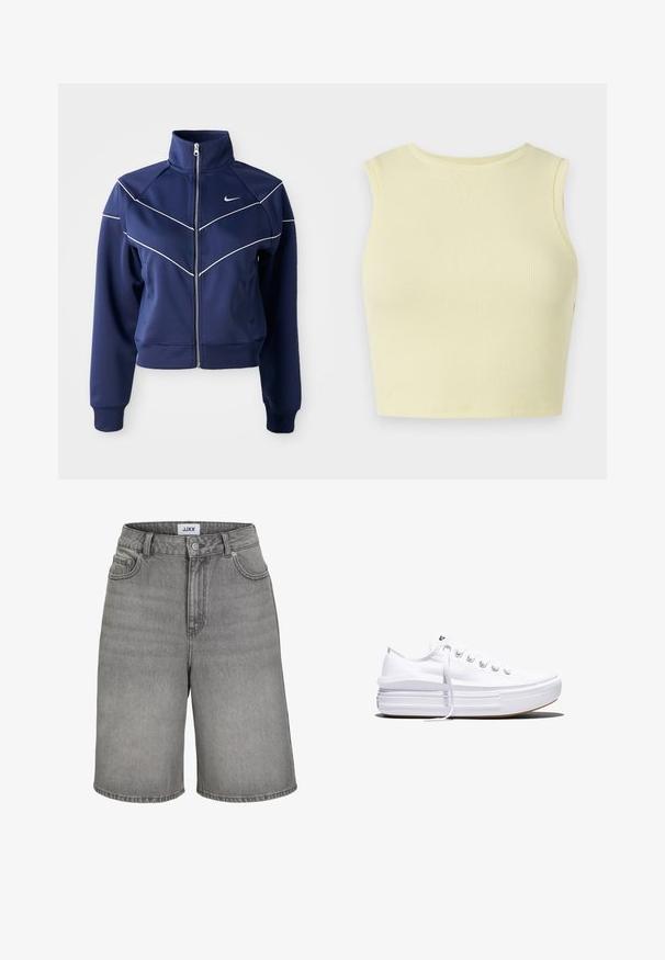Marineblaue Zip-Jacke aus glattem Stoff mit hohem Kragen, weißen Chevron-Nähten und Seitentaschen. Nike-Logo auf der Brust.; Helles gelbes geripptes Crop-Top mit rundem Halsausschnitt, ohne Ärmel und einer enganliegenden Passform. Weiche Textur aus einem atmungsaktiven Strickstoff.; Graue Denim-Shorts mit einem klassischen Design, einem Knopfverschluss, fünf Taschen und sichtbaren Nähten. Der Stoff hat eine glatte Textur.; Weißer Canvas-Sneaker mit niedrigem Schnitt, dicker Plateau-Sohle, vorderer Schnürung und rauer Gummikappe an der Spitze, aus seitlicher Ansicht gezeigt.