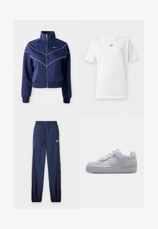 Marineblaue Zip-Jacke aus glattem Stoff mit hohem Kragen, weißen Chevron-Nähten und Seitentaschen. Nike-Logo auf der Brust.; Weißes T-Shirt mit kurzen Ärmeln und Rundhalsausschnitt, mit einem kleinen schwarzen Nike Swoosh-Logo zentriert nahe dem Kragen.; Navyblaue Nike-Sporthose mit elastischem Bund, weißen Seitenstreifen und kleinem Logo am linken Oberschenkel. Strukturierter Stoff, schmal zulaufende Bündchen.; Graue Nike Air Force 1 Sneaker mit perforierter Zehenpartie, Obermaterial aus glattem Leder, dicker Sohle und geprägtem 'AIR'-Detail an der Ferse.
