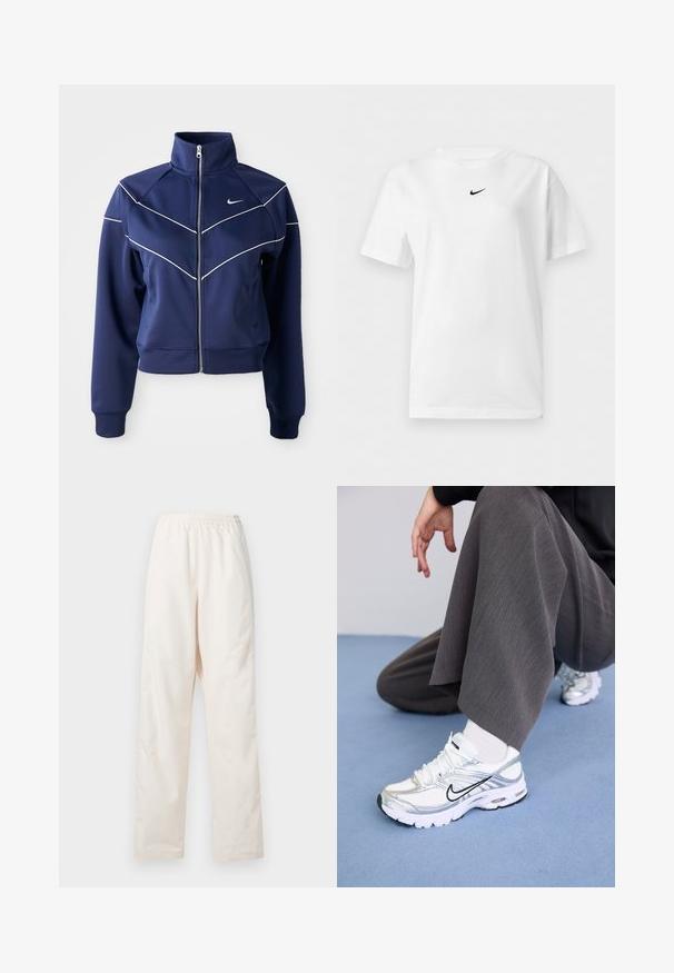 Chaqueta navy con cremallera hecha de una tela suave, presenta un collar alto, costuras en forma de chevrón blancas y bolsillos laterales. Logo de Nike en el pecho.; Camiseta blanca de manga corta con cuello redondo y un pequeño logo negro de Nike Swoosh centrado cerca del cuello.; Pantalones de color crema con cintura elástica y corte de pierna recta, de ajuste suelto, exhibidos sobre un fondo blanco liso.; Zapatillas deportivas blancas y plateadas con materiales de malla y sintéticos, con líneas de acento negras, cordones y suelas texturizadas.