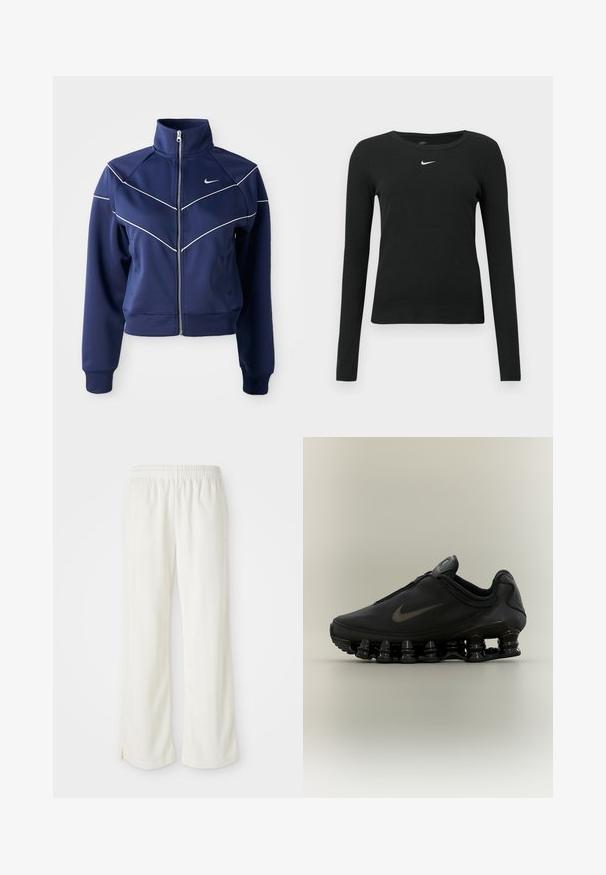 Tumesinine tõmblukuühendus, mis on valmistatud siledast kangast, sisaldab kõrget kraed, valget chevron-õmblust ja küljetaskut. Nike logo rindade peal.; Must pikkade varrukatega lõhnav top soonelise kangaga, millel on ümmargune kaelus ja õrnal valgel Nike logol rinnal.; Kreemivärvi püksid laia säärekujundusega, valmistatud kergest materjalist, vertikaalsete triipudega ja elastse vöökohtaga.; Must Nike tennisejalats lukuga pealisega ja iseloomuliku kevadise jaotusega tallaga, nähtud küljelt neutraalsel taustal.