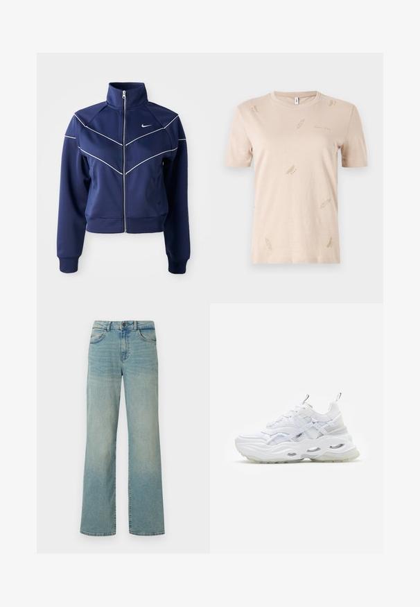 Tumesinine tõmblukuühendus, mis on valmistatud siledast kangast, sisaldab kõrget kraed, valget chevron-õmblust ja küljetaskut. Nike logo rindade peal.; Beežist puuvillane T-särk ümmarguse kaelusega. Omab väikseid, diskreetseid sulgemustreid heledamas toonis. Lühikesed varrukad, regulaarne lõige.; Heledad sinine teksapüksid kõrge vöökohaga, laiad jalad ja klassikaline viie tasku disain. Omavad peent pleekimist ja nööbiga kinnihoidmist.; Valge kirkada paksu tallaga, kihilise võrgu ja sünteetilisest materjalist ülemise osaga, millel on mustrilised aktsendid, nööri süsteem ja tõmbevahe.