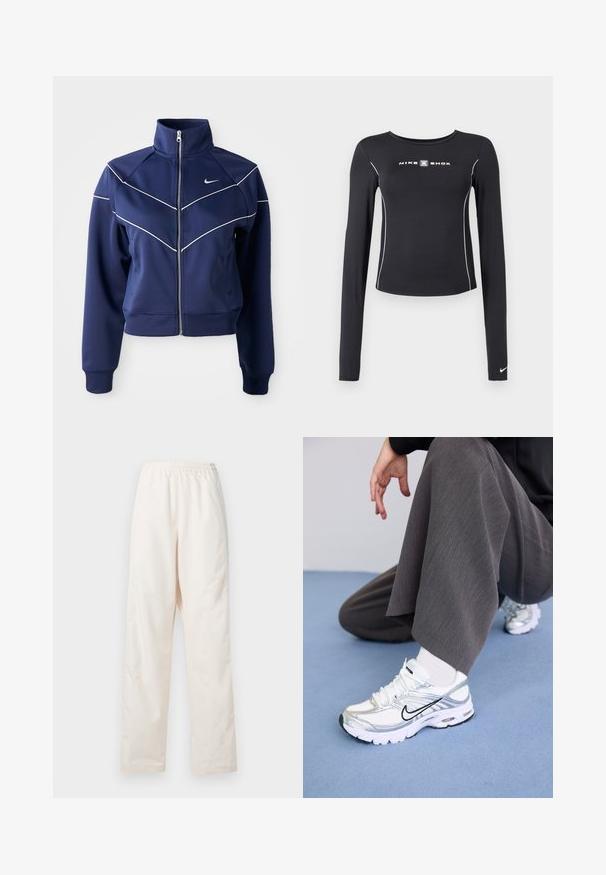 Tumesinine tõmblukuühendus, mis on valmistatud siledast kangast, sisaldab kõrget kraed, valget chevron-õmblust ja küljetaskut. Nike logo rindade peal.; Must pikkade varrukatega spordipluus ümara kaelusega, kitsas lõige, valge aktsendiga õmblused ja keskosas "NIKE SHOX" logo.; Löödilt istuvad, elastse vöökohaga kreemivärvi püksid sirge sääre lõikega, esitletud tavalise valge tausta ees.; Valged ja hõbedased spordijalatsid, mis on valmistatud võrgusilma ja sünteetilistest materjalidest ning millel on mustad aktsentjooned, paelad ja tekstuuriga tallad.