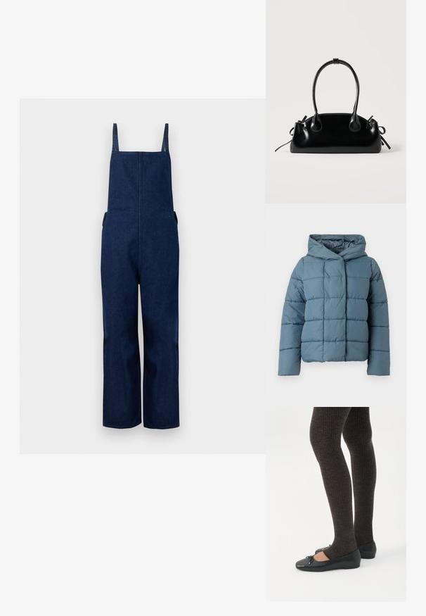 Gevoerde capuchon jacket in zachtblauw. Kenmerkt zich door een vierkant gewatteerd patroon, een drukknopen sluiting aan de voorkant en lange mouwen. Gemaakt van lichtgewicht, isolerend materiaal.; Marine denim dungarees met wijd uitlopende benen, verstelbare banden en zijzakken, met een strakke, minimalistische uitstraling en een zachte textuur.; Benen met donkere geribbelde leggings gecombineerd met zwarte ballerina's met kleine strikdetails op een witte achtergrond.; Kleine zwarte glanzende handtas met twee lange hengsels en zijkant trekkoord details op een effen lichte achtergrond.