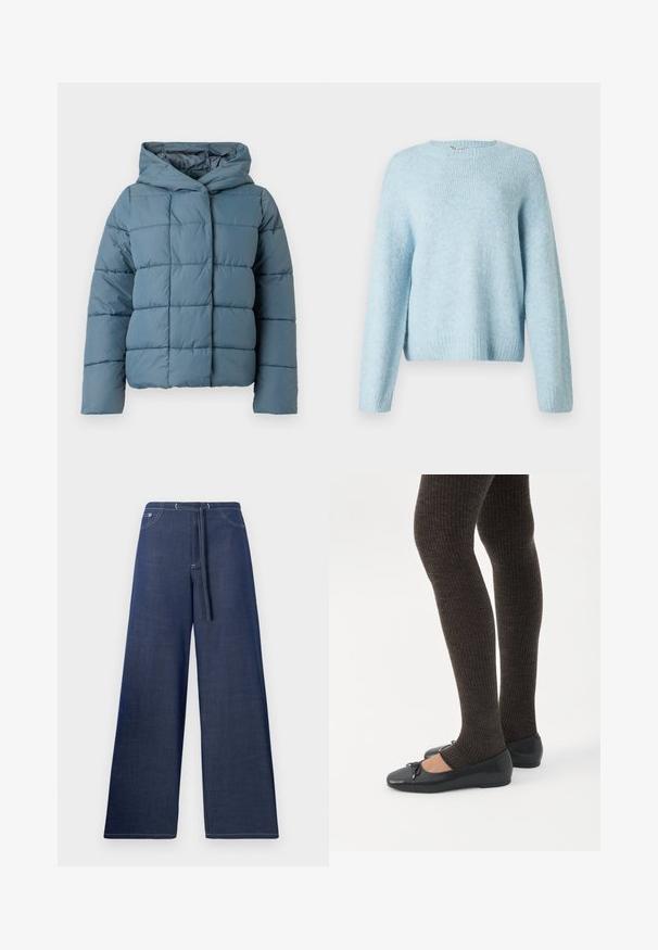 Gepolsterte Kapuzenjacke in sanftem Blau. Mit quadratischem Steppmuster, vorderem Druckknopfverschluss und langen Ärmeln. Hergestellt aus leichtem, isolierendem Material.; Helles blaues Strickpullover mit rundem Halsausschnitt, langen Ärmeln und gerippten Bündchen. Weiche Struktur und lässige Passform.; Hellebeiner Jeanshose in Dunkelblau, mit einem Kordelzugbund, frontalen Taschen und kontrastierenden weißen Nähten.; Beine in dunklen, gerippten Leggings kombiniert mit schwarzen Ballerinas mit kleinen Schleifendetails auf weißem Hintergrund.