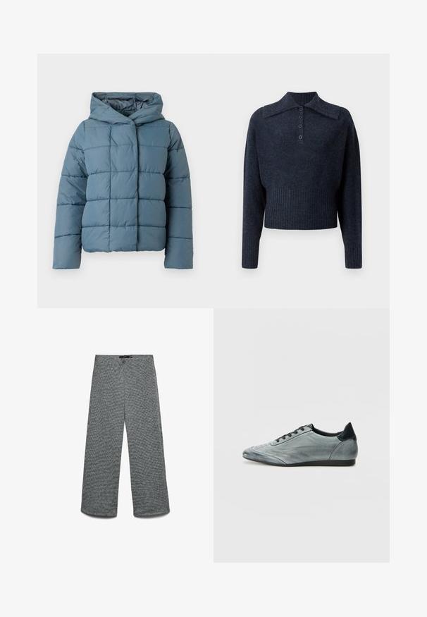 Gepolsterte Kapuzenjacke in sanftem Blau. Mit quadratischem Steppmuster, vorderem Druckknopfverschluss und langen Ärmeln. Hergestellt aus leichtem, isolierendem Material.; Navyblauer, kurzer Pullover mit geripptem Kragen, langen Ärmeln und Knopfleiste mit fünf Knöpfen. Weiches Material mit subtiler Melange-Optik.; Weite Hose aus einem strukturierten grauen Strickstoff. Mit hohem Bund und geraden Beinen für eine entspannte Passform.; Hellgraue Leder-Sneaker mit einem schlanken Design, ausgestattet mit genieteten Details, schwarzen Schnürsenkeln und einem dunklen Fersenakzent. Gummisohle.