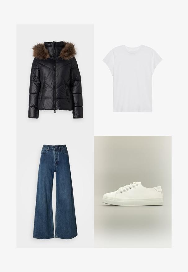 Doudoune noire avec fermeture éclair sur le devant, présentant une capuche en fausse fourrure marron foncé, des poches zippées sur le côté et un motif matelassé.; T-shirt blanc à manches courtes, col rond, coupe décontractée, en tissu de coton doux. Texture lisse, sans motifs ni logos.; Jeans en denim à jambes larges bleu foncé, avec une taille haute, un design à cinq poches et des coutures contrastées. Tissu classique et durable.; Baskets basses blanches avec lacets blancs et semelle en caoutchouc, vues de côté sur un fond neutre.