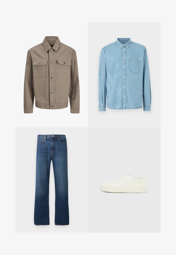 Beige jakke med lange ærmer, frontlukning med knapper, spids krave og to brystlommer med flapper og trykknapper.; Lyseblå denimskjorte med lange ærmer, knaplukket krave, brystlomme foran og hvide knapper ned langs midten og på manchetterne.; Straight-leg blå denim jeans med klassisk fem-lomme design og knaplukning på en ensartet lys baggrund.; Hvid lav sneakers med snørebånd foran, glat læderoverflade og tyk gummisål, vist fra ydersiden på en ensfarvet baggrund.