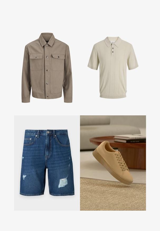 Beige jakke med lange ærmer, frontlukning med knapper, spids krave og to brystlommer med flapper og trykknapper.; Beige kortærmet polo med subtile lodrette striber, tre mørke knapper og en spids krave.; Blå denimshorts med slidte pletter på venstre og højre lår, med forlommer, bæltestropper og knaplukning.; Beige snørestøvler, der svæver over et tekstureret tæppe med et træ sofabord og stablede bøger i en sløret baggrund.