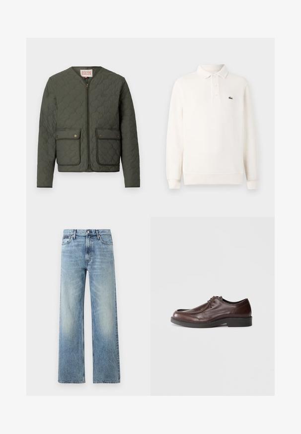 Chaqueta verde acolchada con cuello redondo, cierre frontal, dos bolsillos con solapa y detalle sutil del logo. Presenta un diseño texturizado y acolchado.; Camisa polo de manga larga en crema pálido, de punto texturizado, con tapeta de tres botones y un logo verde bordado en el pecho.; Vaqueros de mezclilla azul claro de corte recto con cintura alta, cinco bolsillos, cierre de botón y sutil desgaste en los muslos y las rodillas.; Zapato de vestir de cuero marrón con punta redonda, acentos de costura mínimos y una suela negra resistente. Presenta un cierre con cordones y una textura suave.