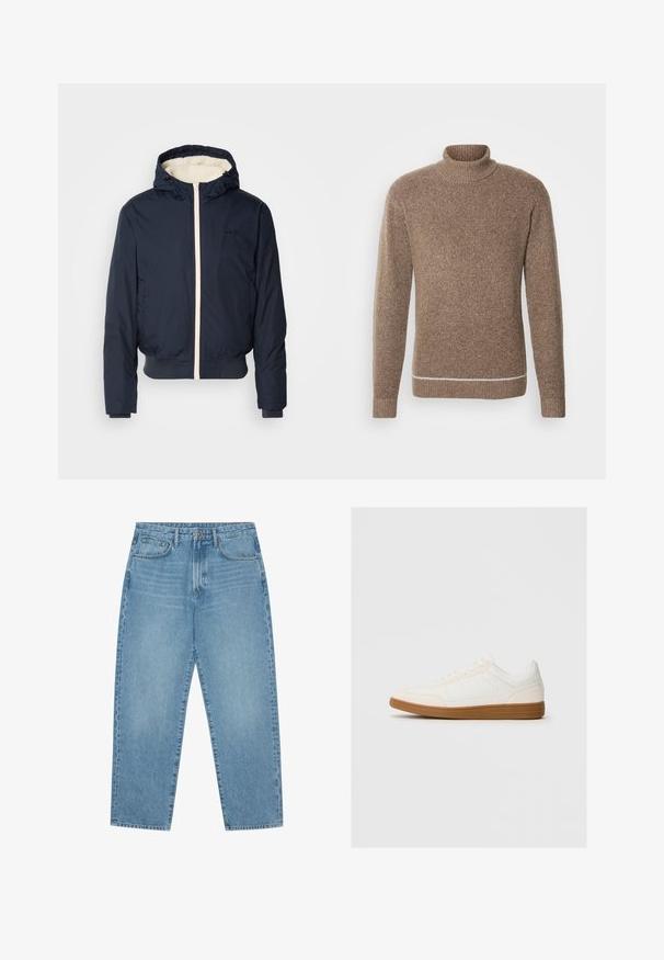 Marineblaue Steppjacke mit Kapuze, ausgestattet mit einem cremefarbenen Reißverschluss und einem Kragenfutter, elastischen Bündchen und einem gerippten Saum. Schwarzes Logo auf der Brust.; INDICODE JEANS Strickpullover - otter; Hellblaue Jeans aus Denim mit geradem Bein, Fünf-Taschen-Design und leicht verwaschener Textur. Mit Knopf- und Reißverschluss ausgestattet.; Weißer Sneaker mit einer Wildleder-Zehenkappe, glattem Synthetik-Obermaterial und einer sandfarbenen Gummisohle. Verfügt über Perforationen an den Seiten für Atmungsaktivität.