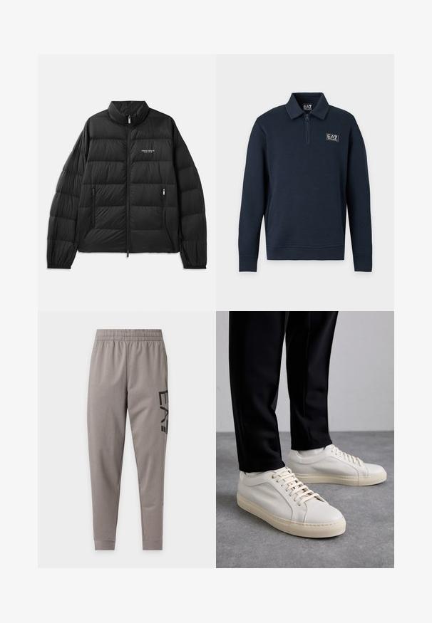 Čierna prepínacia bunda s prešívaným vzorom, vysokým golierom, plným zipsom vpredu a dvoma vreckami na zips. Obsahuje logo na ľavom prsníku.; Tmavomodrý pulóver s dlhým rukávom, polovičným zipsom na golieri a malým logom EA7 Emporio Armani na ľavej strane hrudníka.; Svetlošedé zúžené tepláky s elastickým pásom a čiernym vertikálne vytlačeným textom "E A7" na pravom stehne.; Svetlo béžové kožené tenisky s plochými šnúrkami, textúrovaným povrchom a kontrastnou krémovou gumovou podrážkou, skombinované s čiernymi zúženými nohavicami.