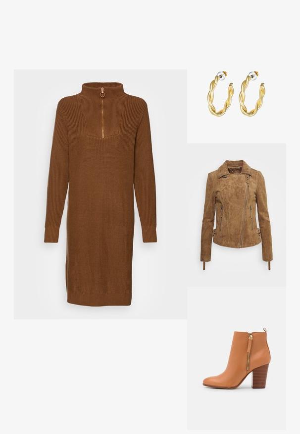 Chaqueta de ante marrón con un diseño ajustado, cierre frontal con cremallera, bolsillos laterales y detalles decorativos con hebillas en los puños. Acabado texturizado en toda la prenda.; Vestido de pulóver marrón de punto con cuello alto y media cremallera. Cuenta con mangas largas y una textura acanalada en todo el tejido.; Botín de cuero marrón con tacón alto apilado y cremallera lateral dorada sobre fondo blanco liso.; Pendientes de aro retorcidos en oro con una superficie lisa, que cuentan con un respaldo transparente y herrajes en tono dorado.
