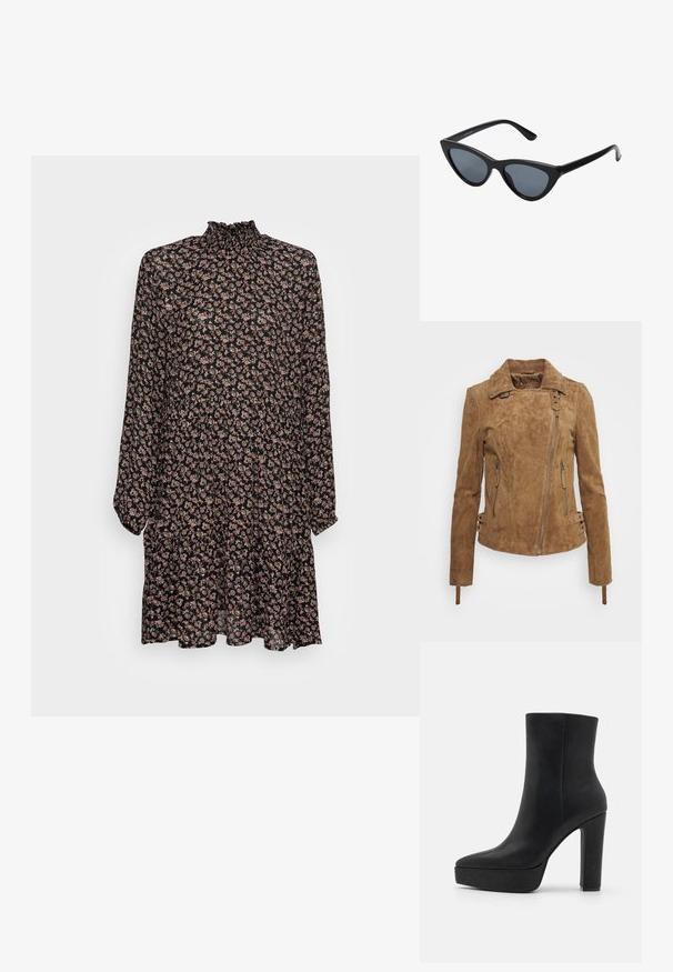 Chaqueta de ante marrón con un diseño ajustado, cierre frontal con cremallera, bolsillos laterales y detalles decorativos con hebillas en los puños. Acabado texturizado en toda la prenda.; Vestido negro con estampado floral, de mangas largas, cuello fruncido y dobladillo acampanado. Presenta pequeñas flores en tonos rosas y crema sobre un fondo oscuro.; Botín negro de cuero texturizado, con punta puntiaguda, plataforma gruesa y tacón alto de bloque. Superficie lisa, detalles mínimos.; Gafas de sol negras en forma de ojo de gato con lentes gris oscuro, marco de plástico elegante, esquinas puntiagudas y patillas rectas. Sin herrajes ni acentos visibles.