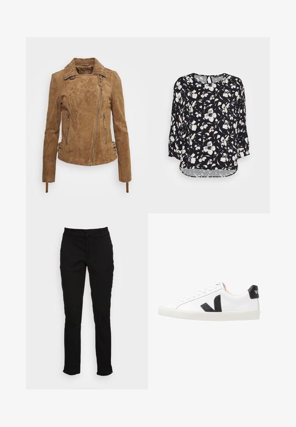 Brun ruskindjakke med et tætsiddende design, lynlås foran, sidelommer og dekorative spændeaccenter på ærmekanterne. Struktureret finish overalt.; mine to five TOM TAILOR BLOUSE BATSLEEVE - Bluse - black/beige; Sorte bomuldsbukser med en slim fit, lige ben, bæltestropper og forlommer. Glat tekstur med diskrete stikninger.; Hvide sneakers med et sort V-logo, der har en glat læderoverdel, rund tå, snørrelukning og en kontrasterende sort hælflap.