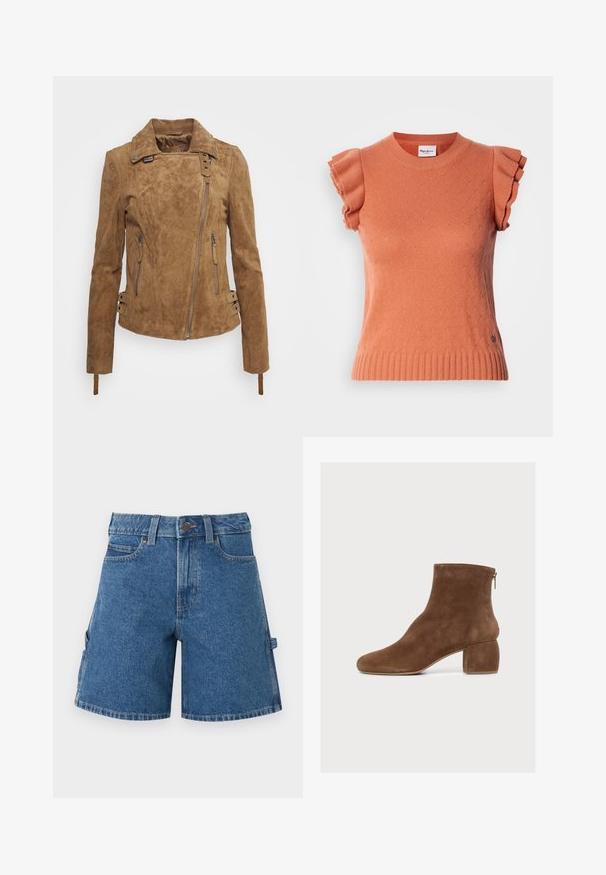 Brun ruskindjakke med et tætsiddende design, lynlås foran, sidelommer og dekorative spændeaccenter på ærmekanterne. Struktureret finish overalt.; Orange kortærmet strikket sweater med flæseærmer, der har et tekstureret mønster og en ribbet kant. Mærkeetiketten er synlig på forsiden.; Blå denimshorts med forreste knap og lynlås, bæltestropper, forreste og sidelommer samt en lille løkke på højre side.; Brun ruskind ankelstøvle med blokhæl og lynlås bagpå, vist i sideprofil på en lys baggrund.