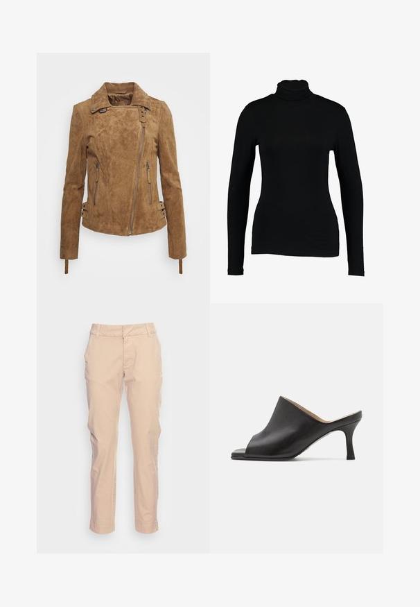 Brun ruskindjakke med et tætsiddende design, lynlås foran, sidelommer og dekorative spændeaccenter på ærmekanterne. Struktureret finish overalt.; Sort langærmet turtleneck top lavet af glat stof, med et tætsiddende design og høj hals, velegnet til lag-på-lag brug eller som en selvstændig beklædningsgenstand.; Lys beige bomuldsbukser med lige ben, forlommer, bæltestropper og en glat overflade, der har diskrete stikninger.; Selected ASHLEY - Mules med hæl - black