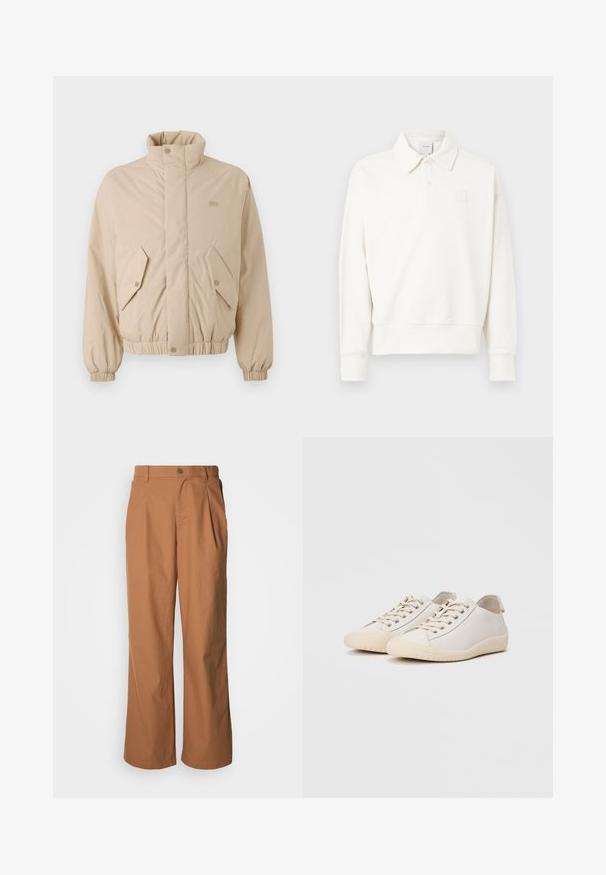 Beige polstret jakke med høj krave, elastiske manchetter og to skrå frontlommer. Har brandlogo broderet i matchende farve.; Hvid pullover polo med krave, der har et diskret broderet logo på venstre bryst, lavet af blødt stof med en let tekstureret finish.; Bukser med vide ben i et varmt brunt stof, med frontknaplukning, diskrete folder og en lige pasform for en afslappet komfort.; Hvide sneakers lavet af glat læder med tonede stikninger, snørebåndslukning, rund tå og en tekstureret gummisål.