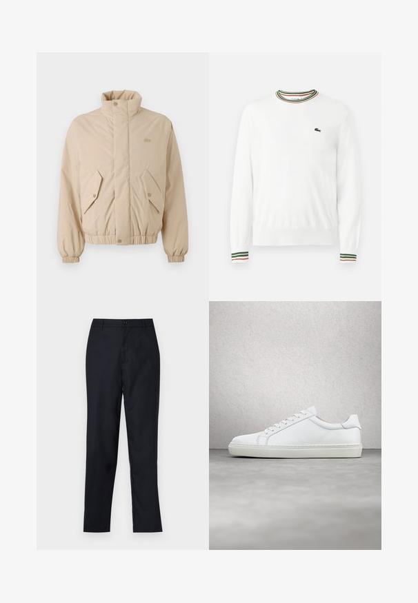 Beige polstret jakke med høj krave, elastiske manchetter og to skrå frontlommer. Har brandlogo broderet i matchende farve.; Hvid sweater med rund hals, prydet med grønne, røde og orange striber på kraven og ærmerne. Lacoste-logo på brystet.; Marineblå bukser lavet af glat stof, med lige ben design, en enkelt knaplukning og subtile forfald i fronten.; Hvide sneakers med en glat læderoverdel og lav profil. Har en rund tå, seks snørehuller og en tekstureret gummisål.