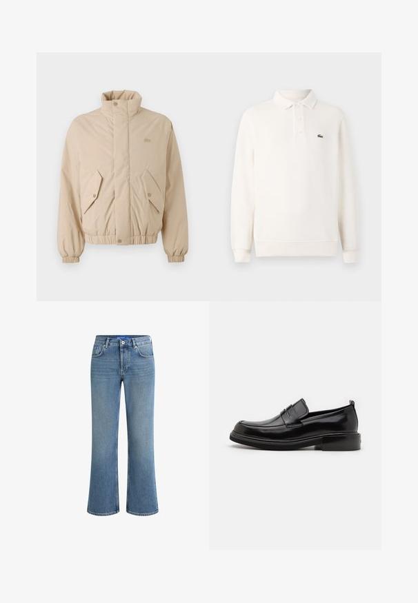 Veste matelassée beige avec un col haut, des poignets élastiques et deux poches avant angulaires. Présente le logo de la marque brodé dans une couleur assortie.; Polo-shirt à manches longues en crème pâle en tricot texturé, avec une patte de boutonnage à trois boutons et un logo brodé vert sur la poitrine.; Jean flare en denim bleu clair avec une taille mi-haute, un design à cinq poches et une surface texturée subtile, présentant une fermeture à bouton standard.; Calvin Klein MOCCASIN - Mocassins de ville - black