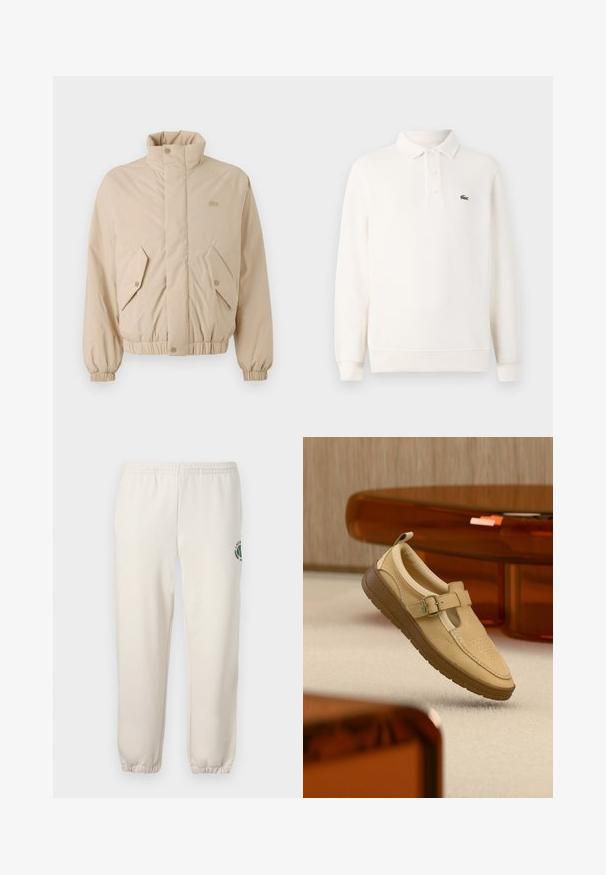 Beige gewatteerde jas met een hoge kraag, elastische manchetten en twee schuine voorzakken. Bevat het merklogo in bijpassende kleur geborduurd.; Lange mouwen polo shirt in lichtroomcreme met een textuurgebreide stof, voorzien van een drie-knoopsluiting en een groene geborduurde logo op de borst.; Lichtbeige sweatpants van katoen, met een elastische tailleband, geribde boorden en een groen logo met een bladerenontwerp op het linkerpand.; Beige leren instapschoen met gespsluiting en bruine rubberen zool, zwevend boven een licht tapijtvloer en in de buurt van amberkleurig doorschijnend meubilair.